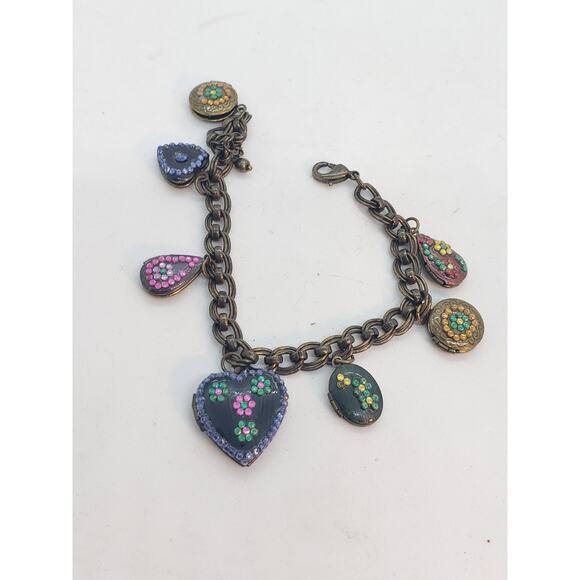 Puffy Heart Charm Bracelet Brass Tone Enamel Decor Teardrop 7 Locket Charms - Picture 11 of 14